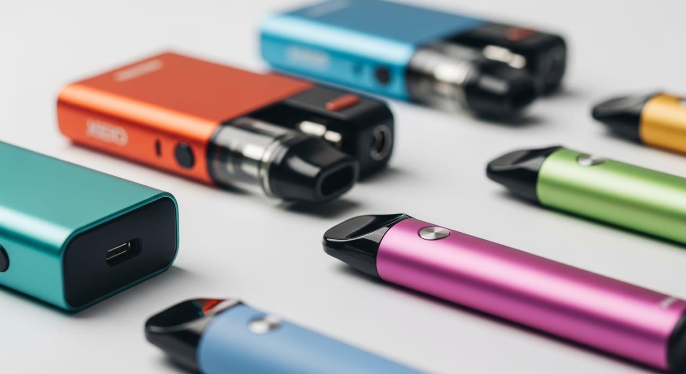 A close-up shot of several colorful vaping devices and e-cigarettes arranged on a light surface.