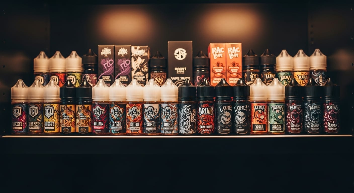 Assortment of various vape juice bottles and e-liquids displayed on shelves, showcasing different brands and flavors like Sparta Flavour Pod and Dream Addictive Vape Juice.