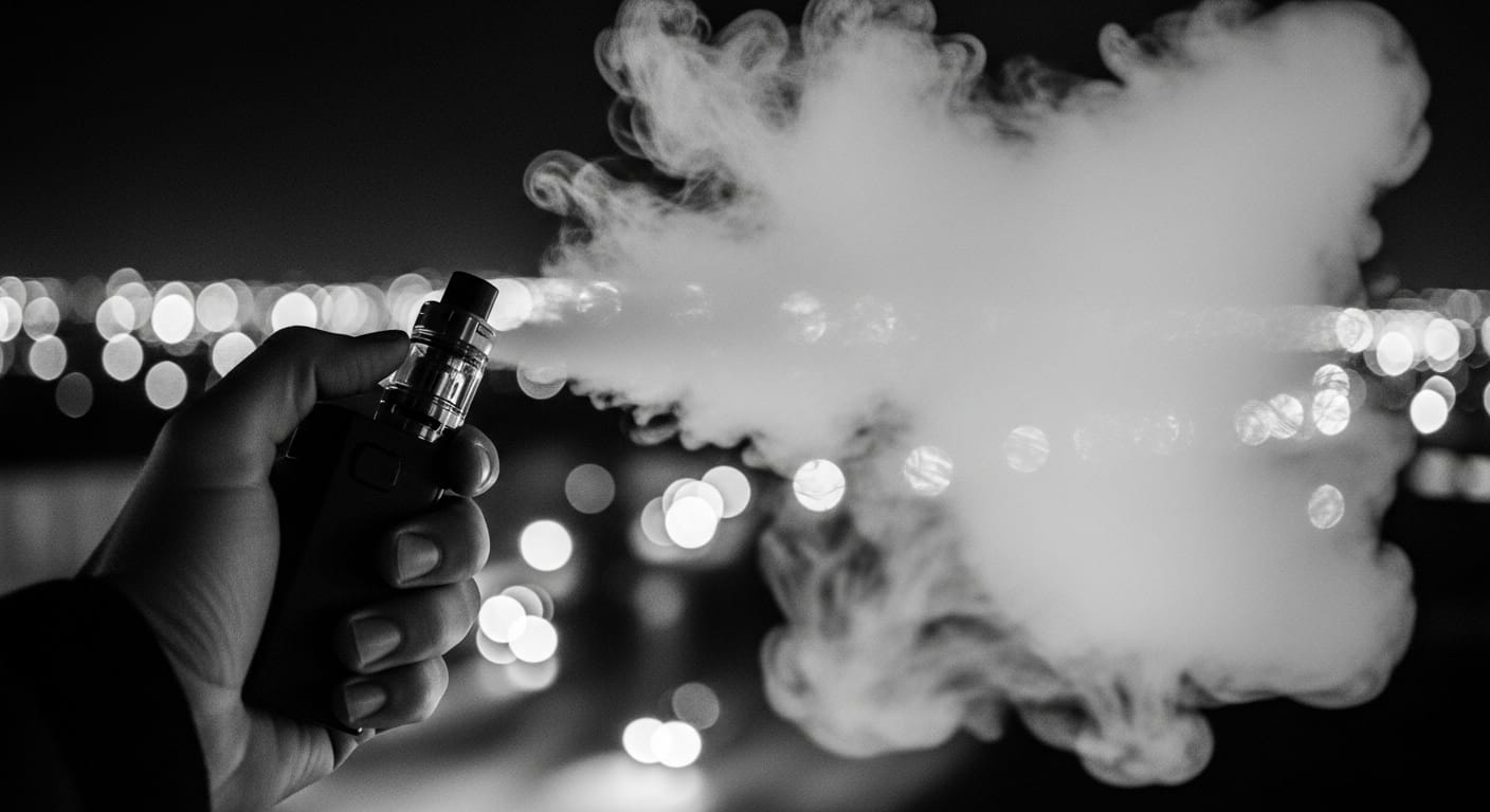 A person's hand holding a vape device, exhaling a large cloud of vapor against a blurred background of city lights at night, in black and white.