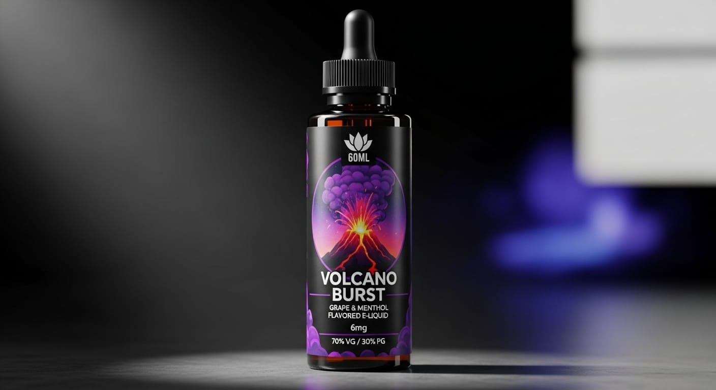 Volcano Burst grape and menthol e-liquid bottle, 60ml with 6mg nicotine, 70VG/30PG ratio, dark label with purple volcano art.