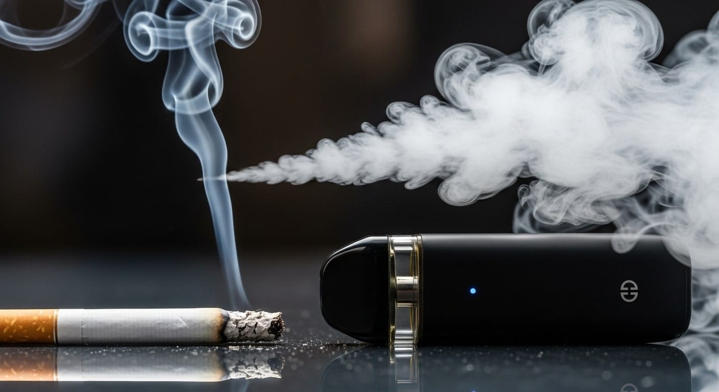 A lit cigarette with smoke rising vertically and an e-cigarette producing a plume of vapor horizontally, set against a dark background.