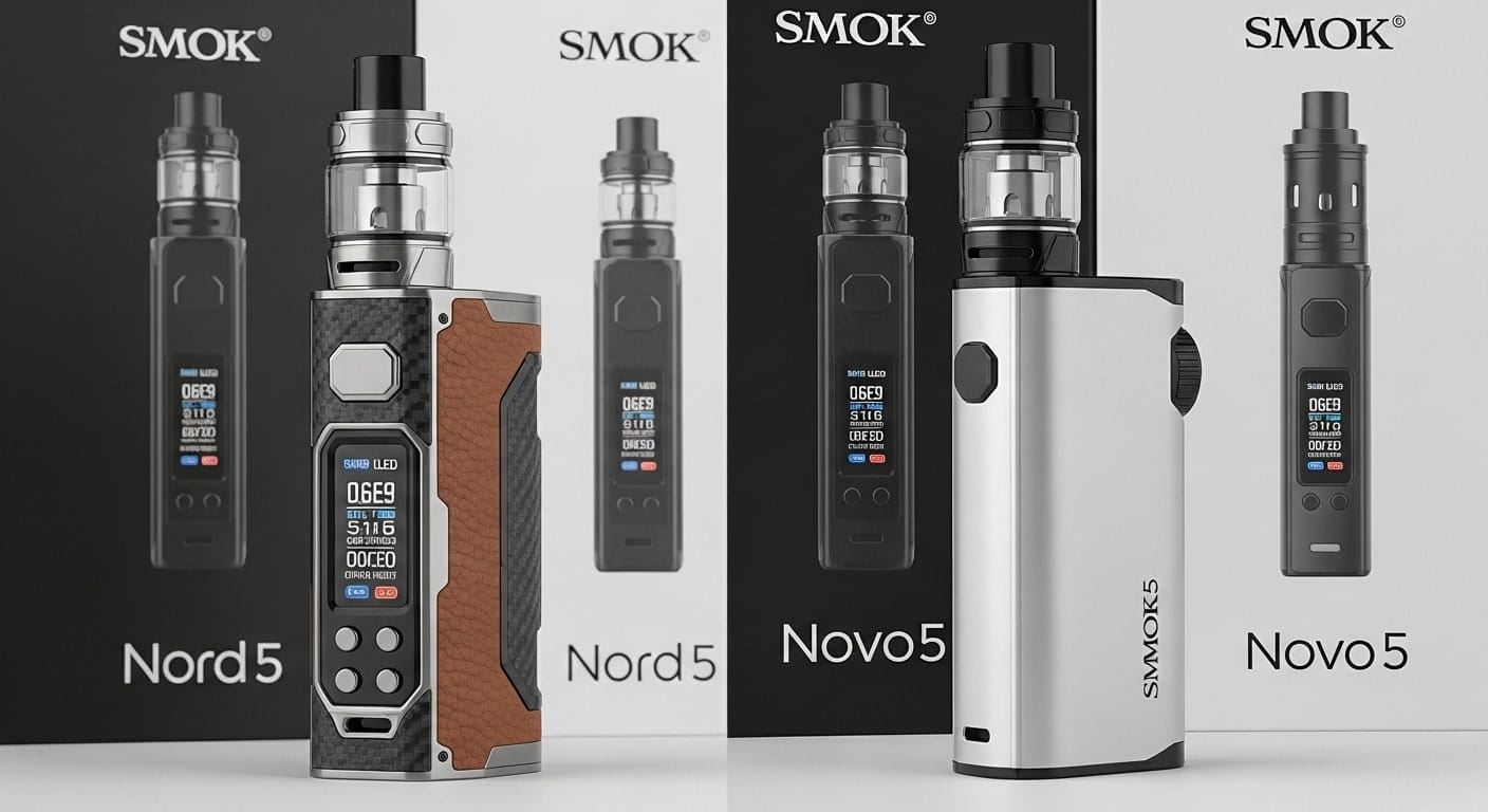 A split image shows two vaping devices: on the left, a SMOK Nord 5 in black and brown leather, with the device and packaging visible; on the right, a silver SMOK Novo 5