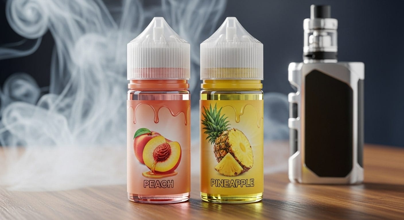 Two bottles of e-liquid, one peach flavored and one pineapple flavored, sit on a wooden surface with a vape device in the background and smoke rising on the left.