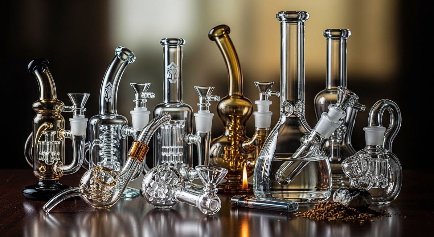 A beautifully lit collection of diverse glass bongs, bubblers, and smoking pipes on a reflective surface, showcasing different designs and sizes for sale at Vape Vibes.