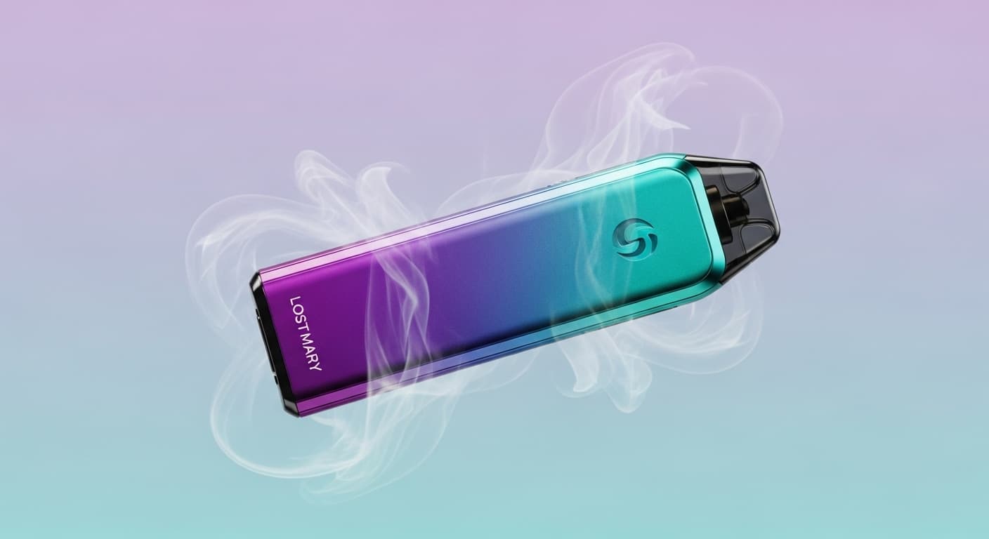 Purple and teal Lost Mary vape device with wisps of white smoke on a gradient background.