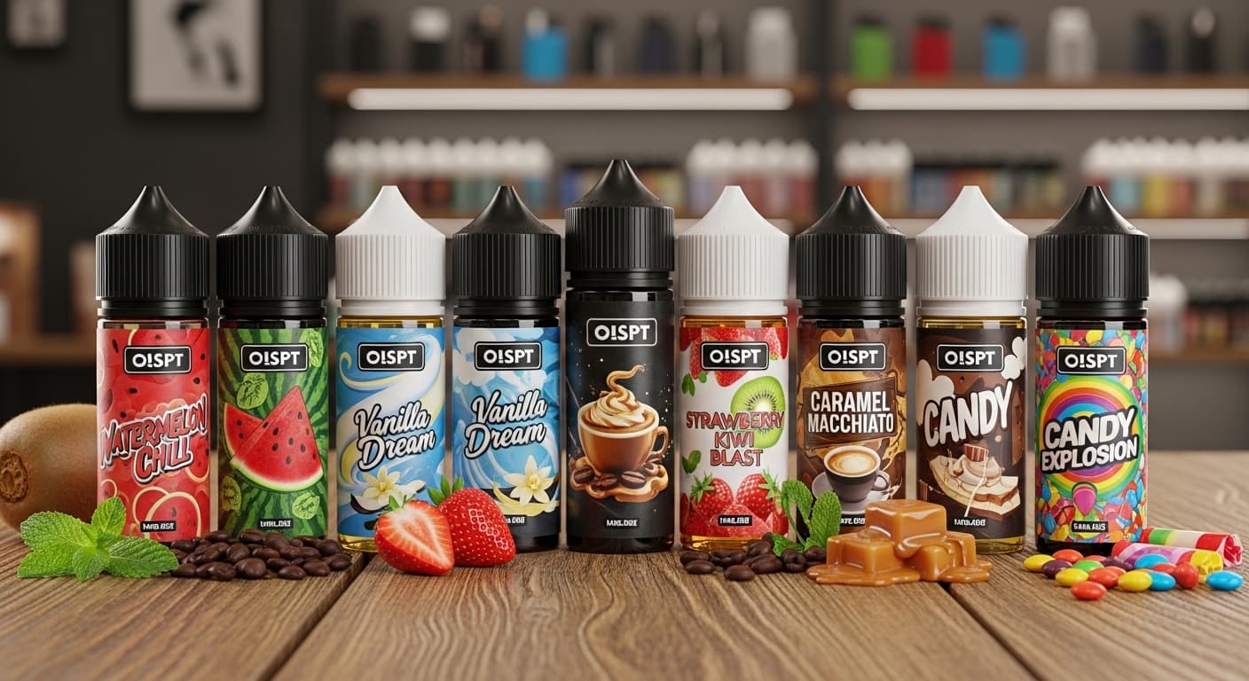 Lineup of flavored e-liquid bottles with fresh fruit, coffee beans, and candy on a wooden table.