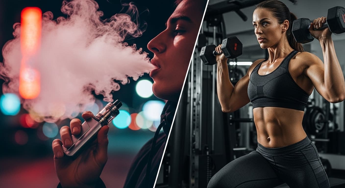 A split-screen image showing a person vaping outdoors at night and a woman lifting weights in a gym.