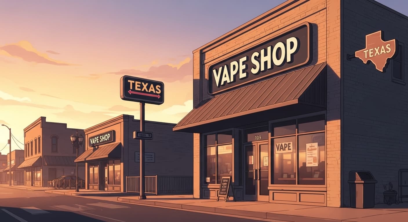 A detailed cartoon illustration of an old brick storefront labeled "VAPE SHOP" on a Texas street at sunset.