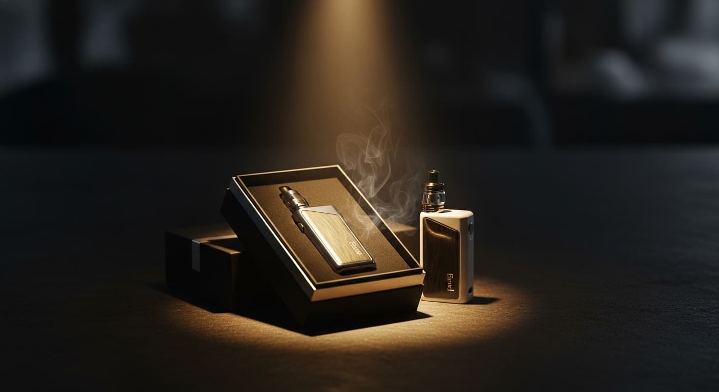 Two sleek electronic vaporizers displayed in premium packaging under a dramatic spotlight.