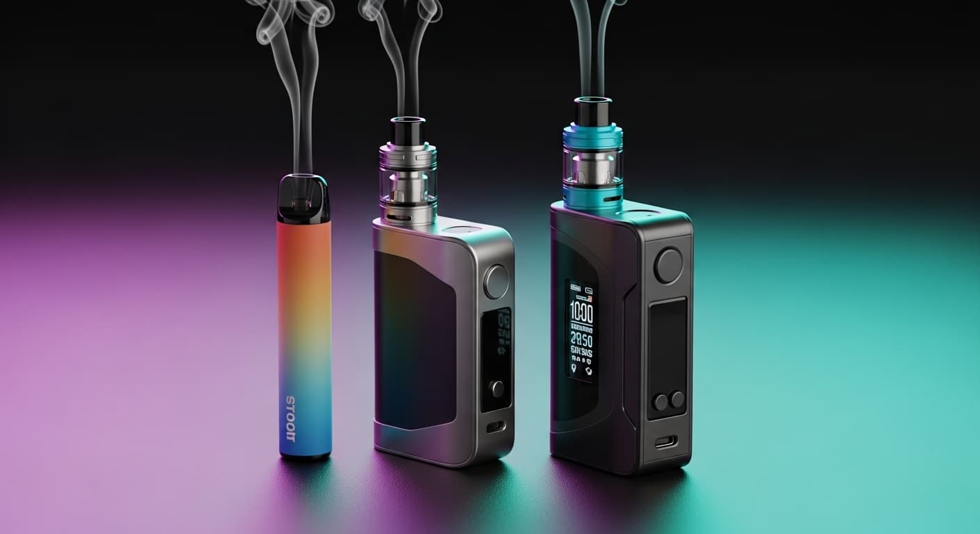 Three electronic vape devices of varying sizes emit wisps of vapor against a neon-lit background.