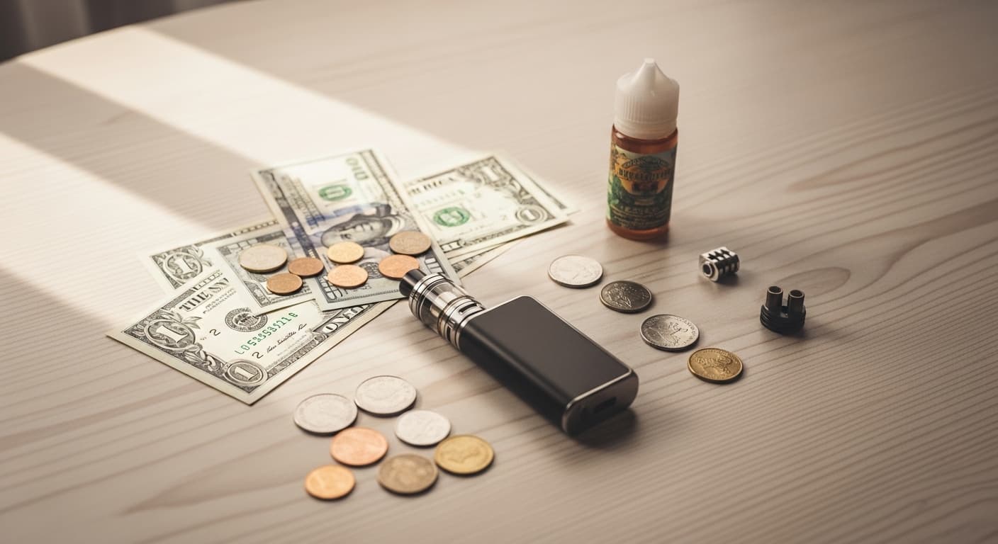 A table spread with cash, change, an e-cigarette and juice on a light wooden background.