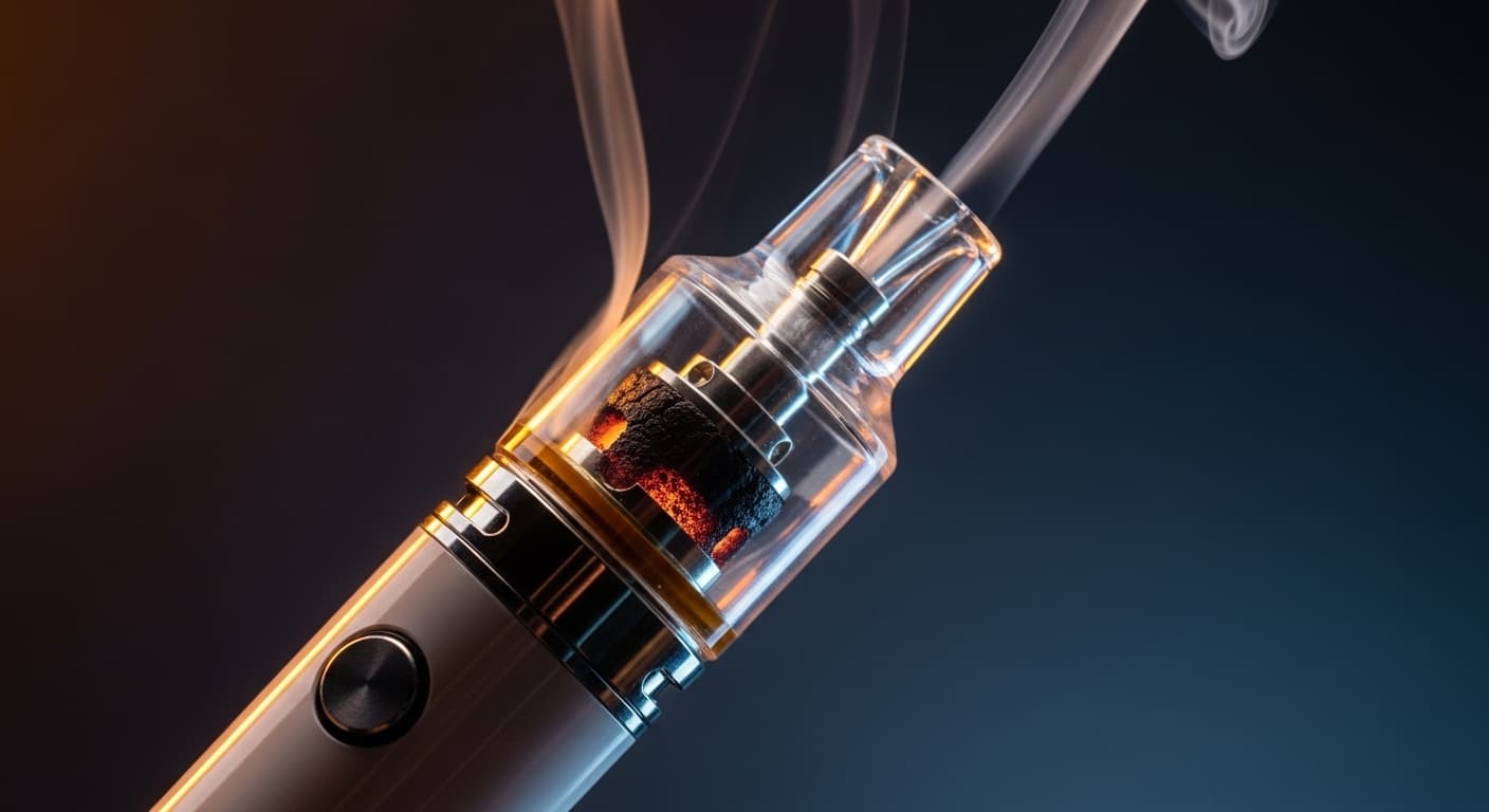 Close-up of a modern vape pen with glowing orange heating coils and wisps of vapor on a dark background.
