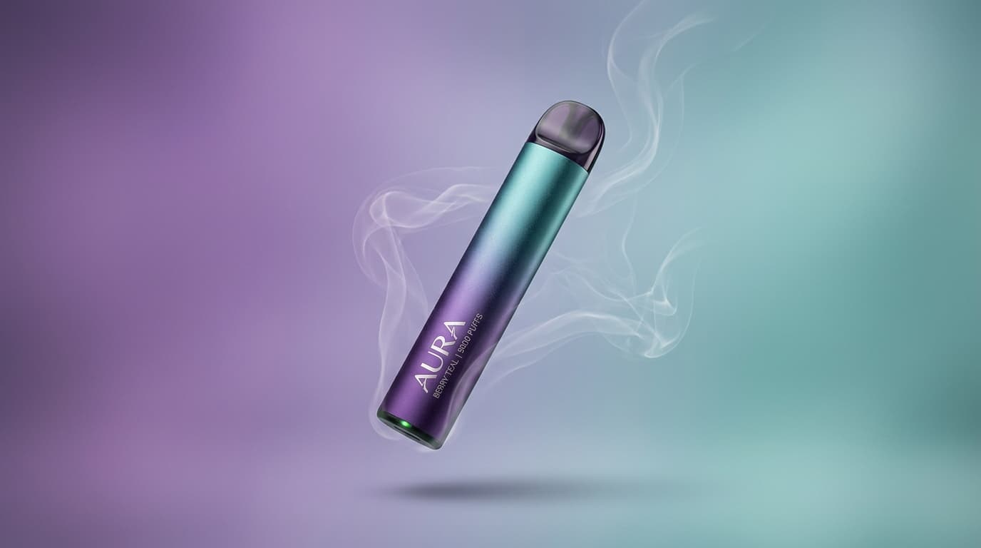 Aura disposable vape device in Berry Teal flavor with smoke background.