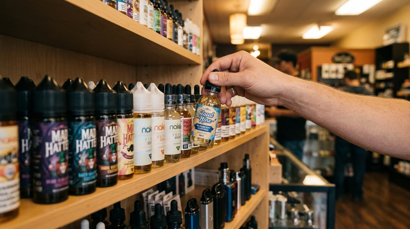 A hand selecting a Cloud Nine vape juice bottle from a well-stocked vape shop shelf.