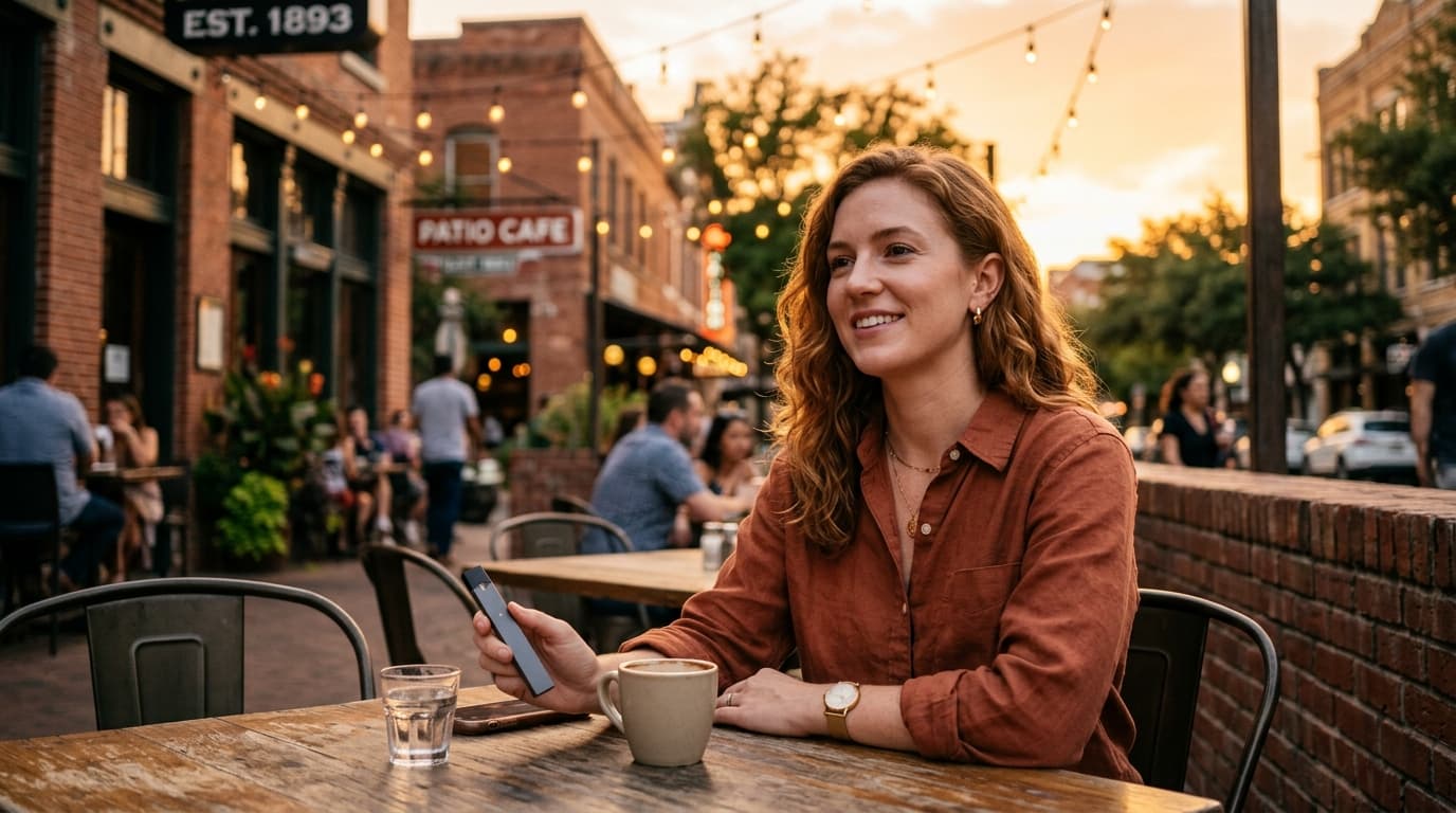 A woman sits at an outdoor café at sunset, smiling and holding a sleek pod vape device.