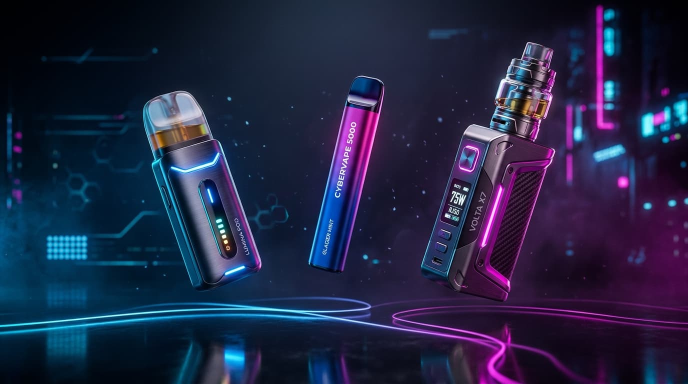 Three modern vape devices floating in a futuristic, neon-lit cyberpunk setting.